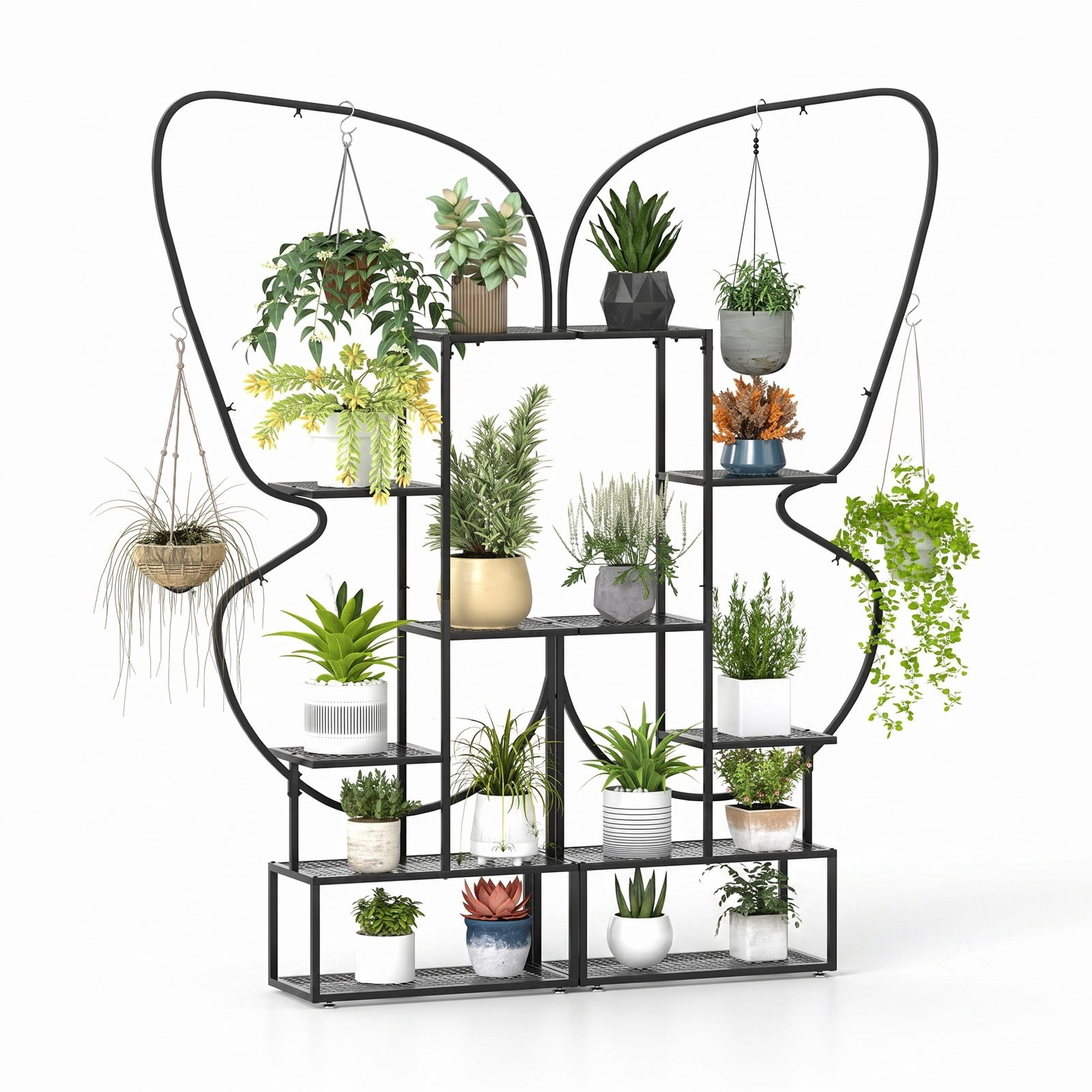 Biotree 6-Tier Metal Plant Stand Ladder Display Rack, Multiple Potted Plant Holder Shelf with 4 Hanging Hooks and Anti-Toppling Devices for Indoor Outdoor, Black