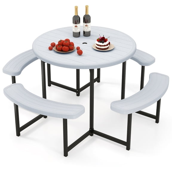 Biotree 62-Inch Round Picnic Table Bench Set with 4 Benches and Umbrella Hole for Patio Lawn, White