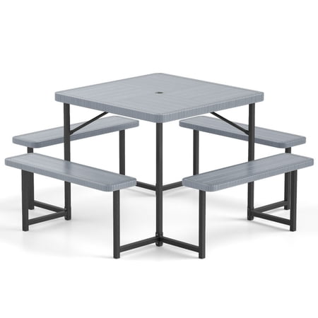 Biotree 63-Inch Outdoor Square Picnic Table Bench Set for 4-8 People with Umbrella Hole, Gray