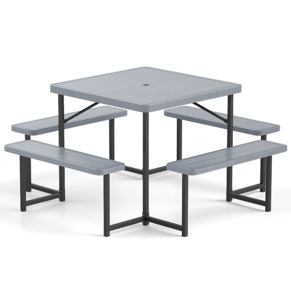 Biotree 63-Inch Outdoor Square Picnic Table Bench Set for 4-8 People with Umbrella Hole, Gray