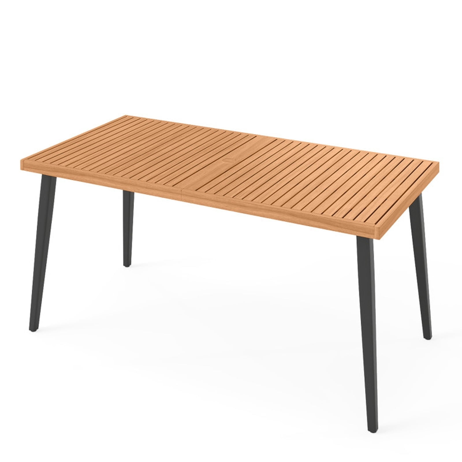 Biotree 63 Inch Outdoor Indoor Dining Table with 1.97 Inch Umbrella Hole and Acacia Wood Top on Metal Legs for Patio Meals, Black