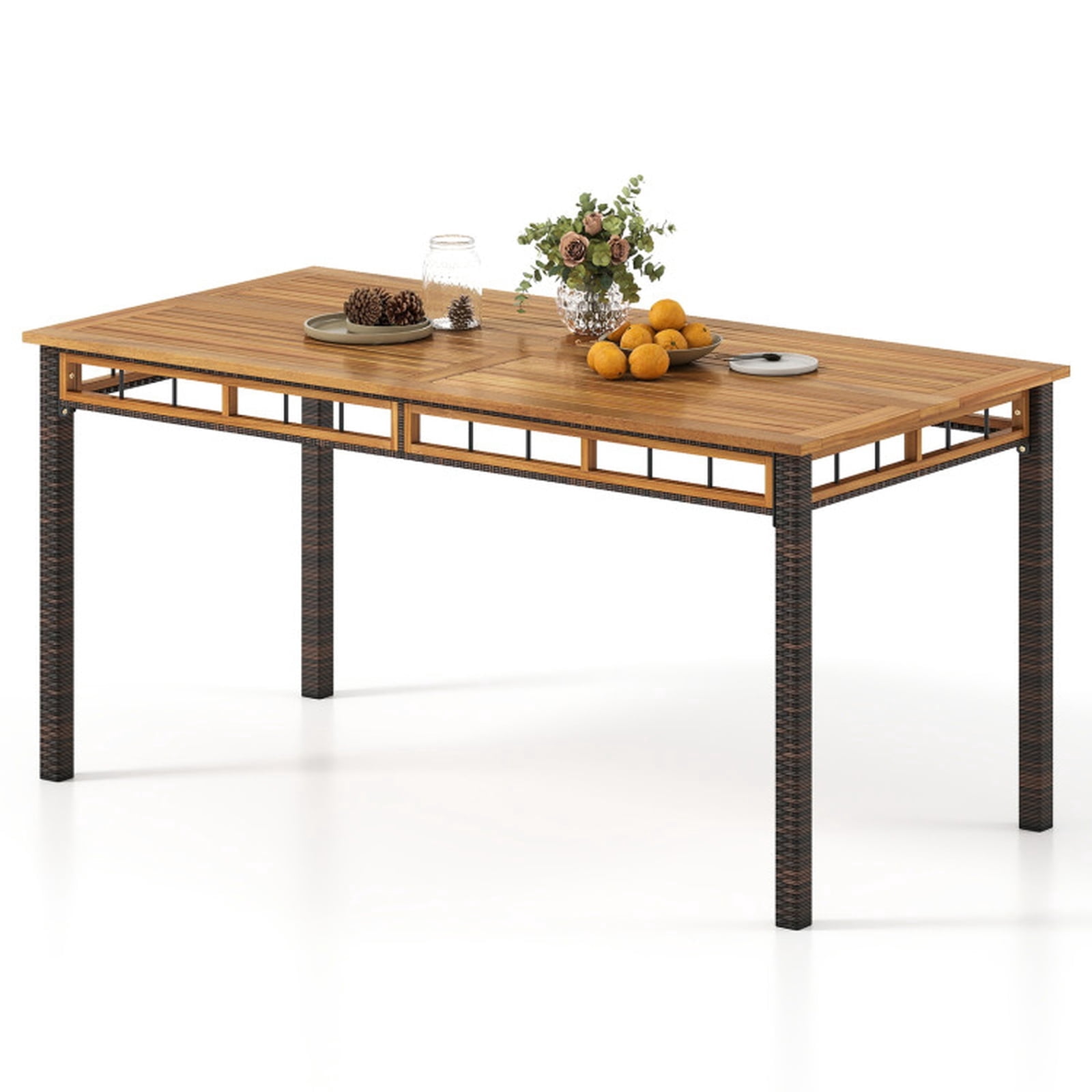 Biotree 63 Inch Outdoor Dining Table with Acacia Wood Slatted Tabletop and Metal Frame for Patio Deck and Garden Meals, Black