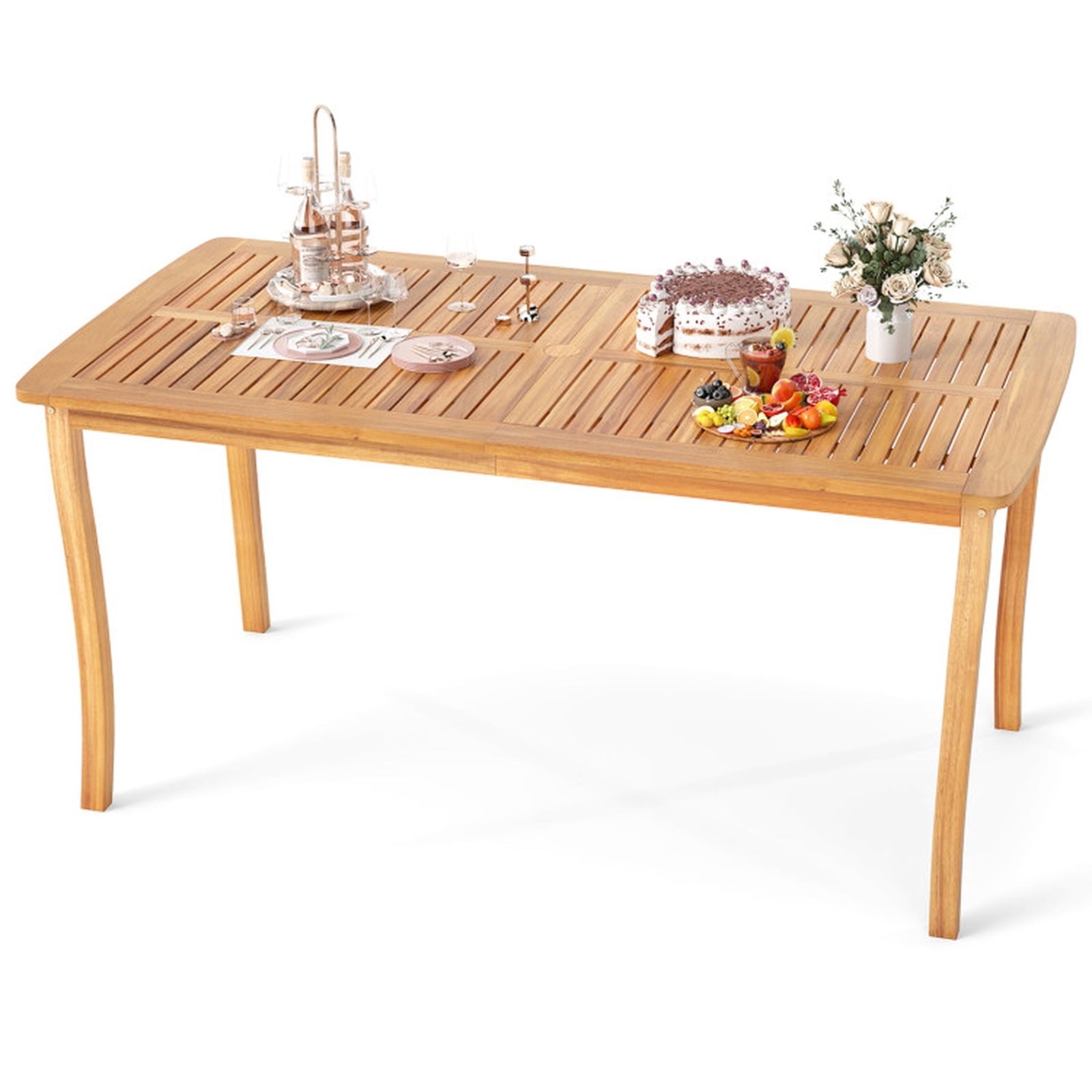 Biotree 63 Inch Outdoor Dining Table with Umbrella Hole and Farmhouse Acacia Wood Top for the Patio Deck and Backyard to Gather Family for Meals, Natural