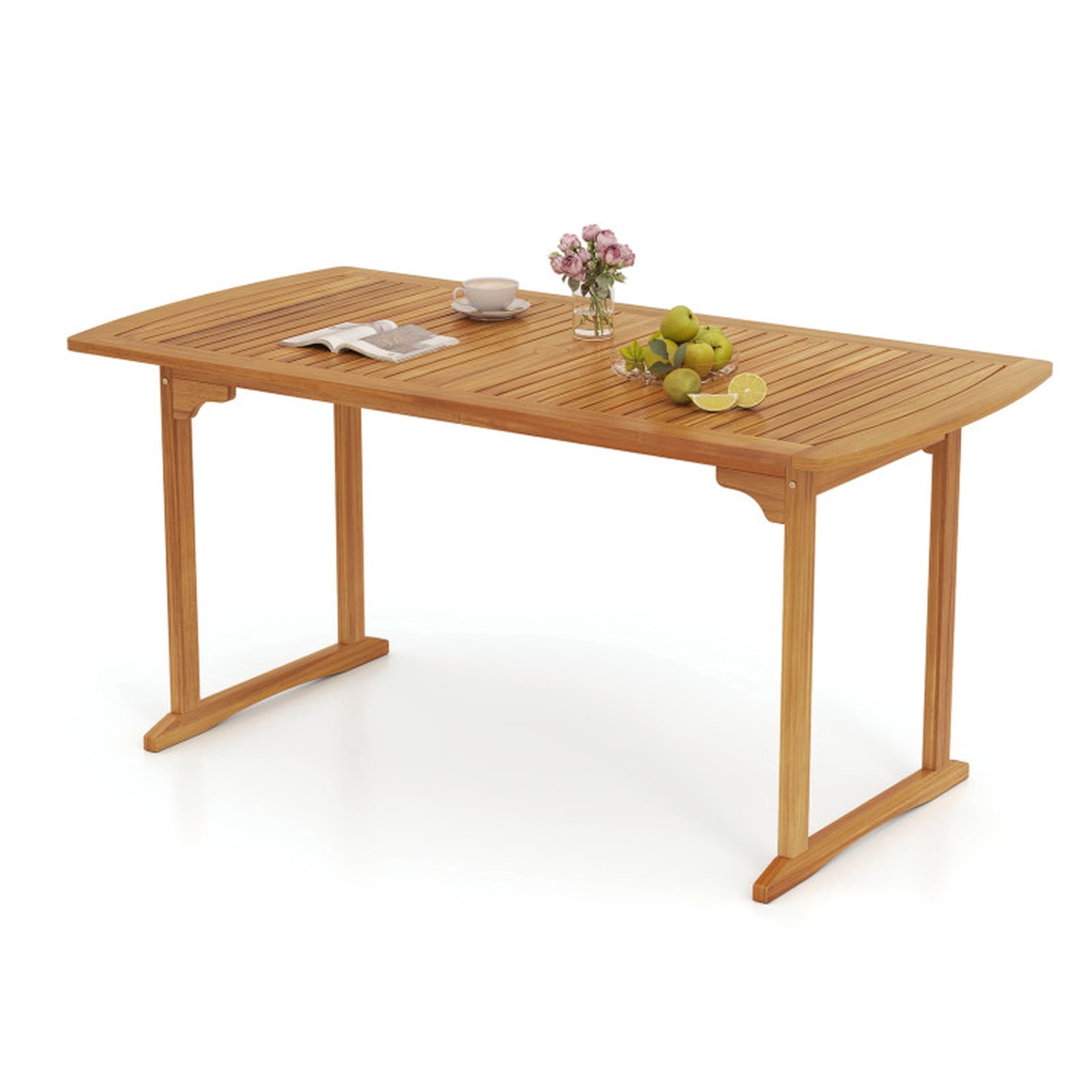 Biotree 63 Inch Outdoor Dining Table with Umbrella Hole and Slatted Acacia Wood Tabletop for the Patio Deck and Backyard to Seat the Whole Family, Natural