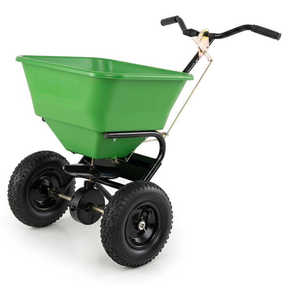 Biotree 66 LBS Broadcast Spreader Walk-Behind, Lawn Fertilizer Seed Salt Spreader with 13 Inch All-Terrain Tires and 30-Level Flow Control, Green