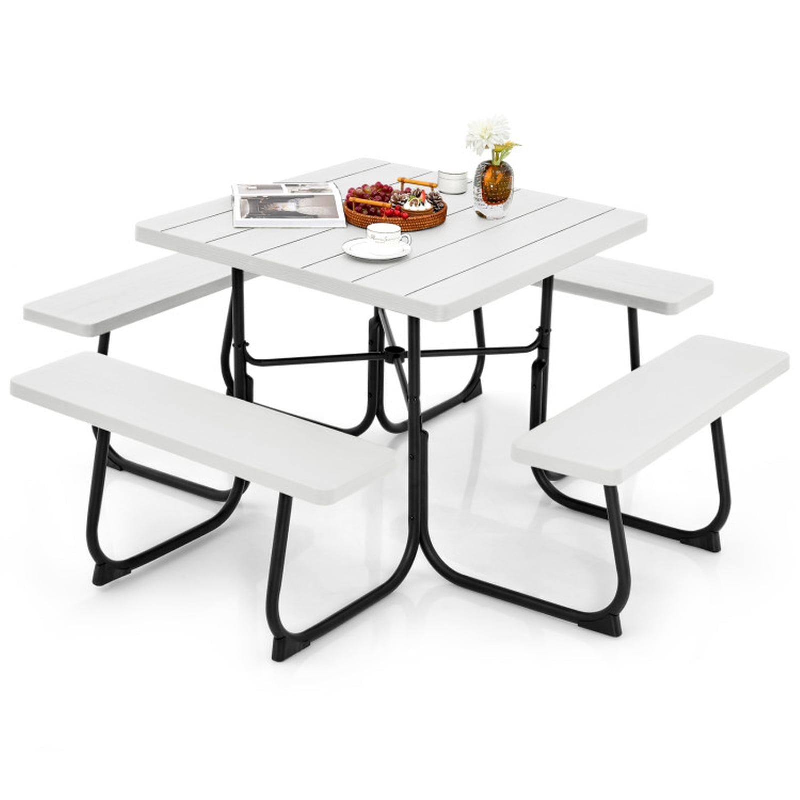 Biotree Outdoor Picnic Table with 4 Benches and Umbrella Hole 67-Inch Round Metal and HDPE Patio Table for Backyard Garden and Deck, White