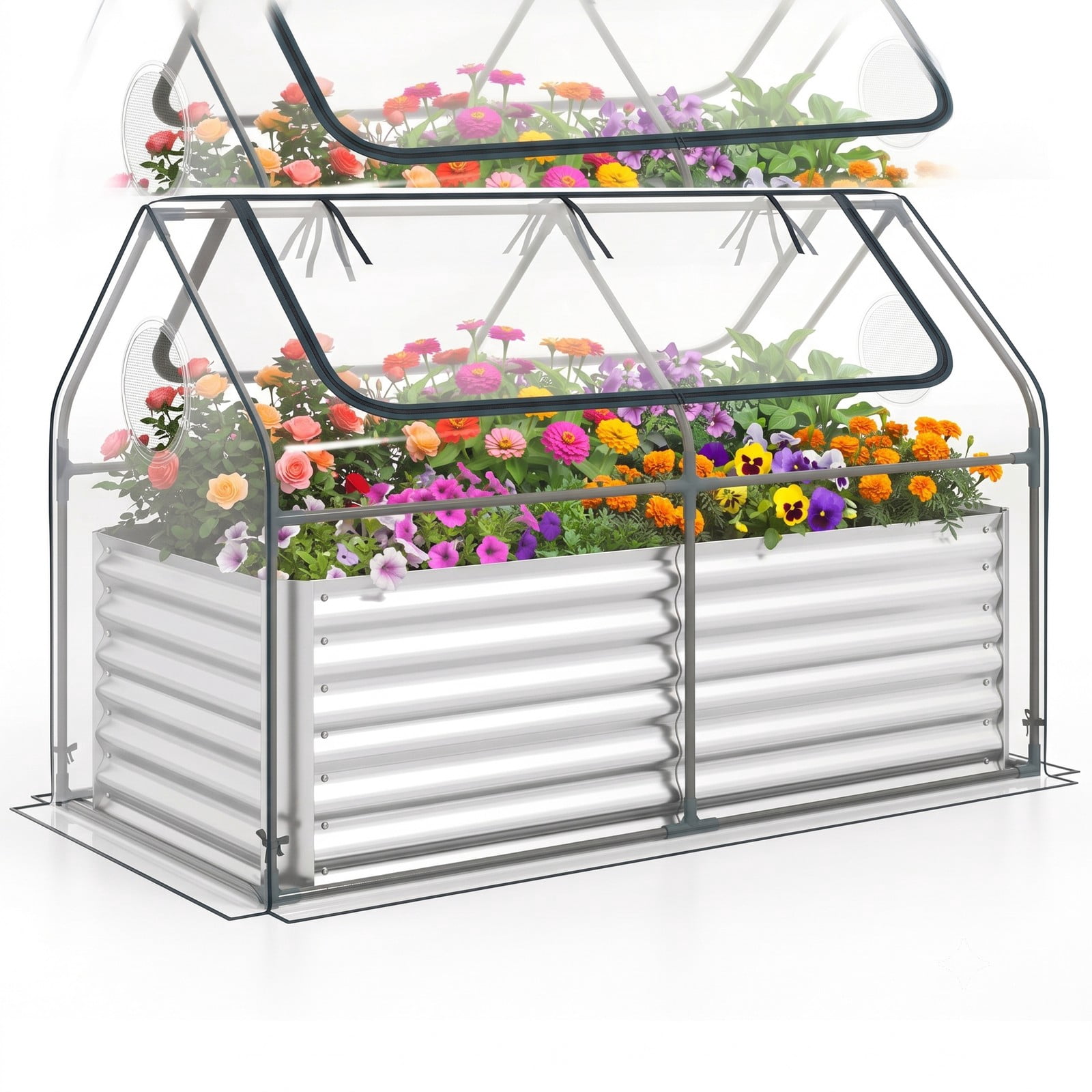 Biotree 68 x 33 x 21 Inch Galvanized Raised Garden Bed with PVC Cover Mini Greenhouse, Metal Elevated Planter Box for Vegetables Flowers Herbs, Outdoor, Silver
