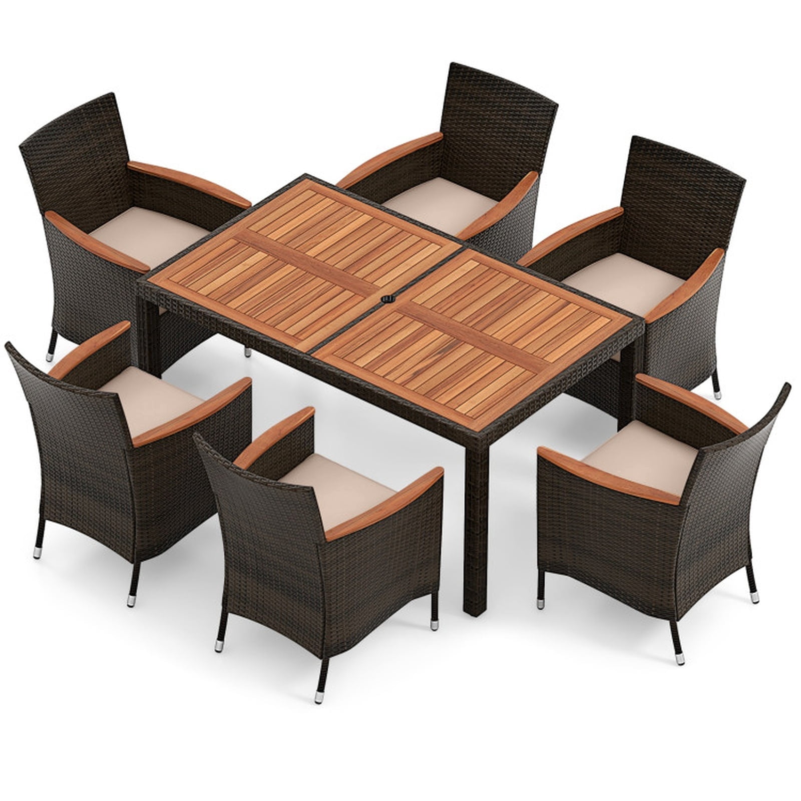 Biotree 7 Piece Patio Rattan Dining Set with Acacia Wood Table and Cushioned Chairs for Outdoor Backyard Garden and Porch Gatherings, Brown