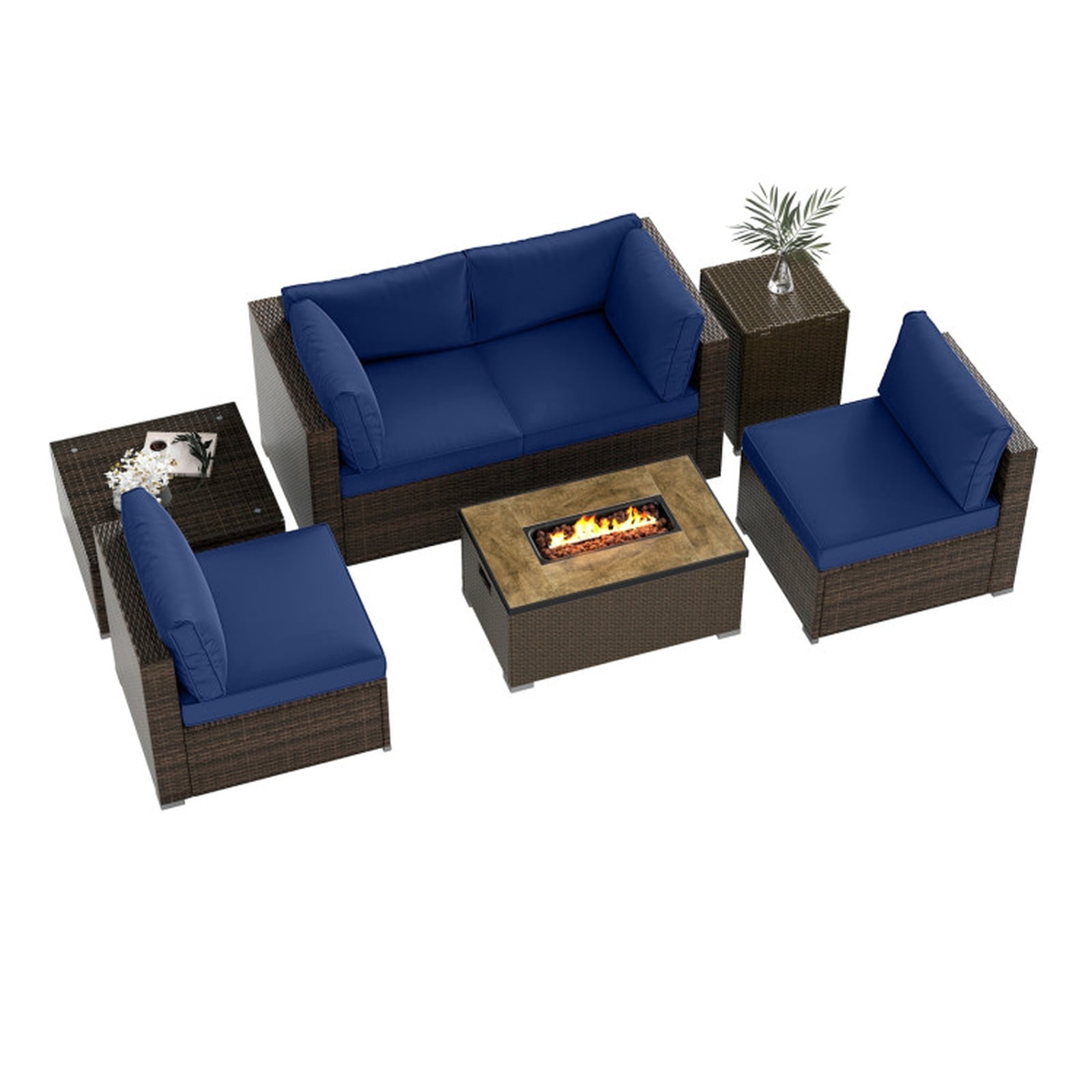 Biotree Patio Furniture Set 7 Piece Outdoor Sectional with 32 Inch Fire Pit Table and propane tank cover outdoor conversation set for garden backyard porch, Navy
