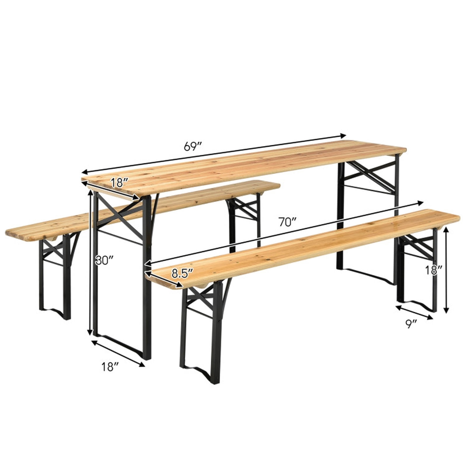 Biotree Folding Wooden Picnic Table Bench Set 70-Inch 3 Piece Outdoor Table with Iron Frame and Fir Wood for Patio Yard and Camping, Natural Black