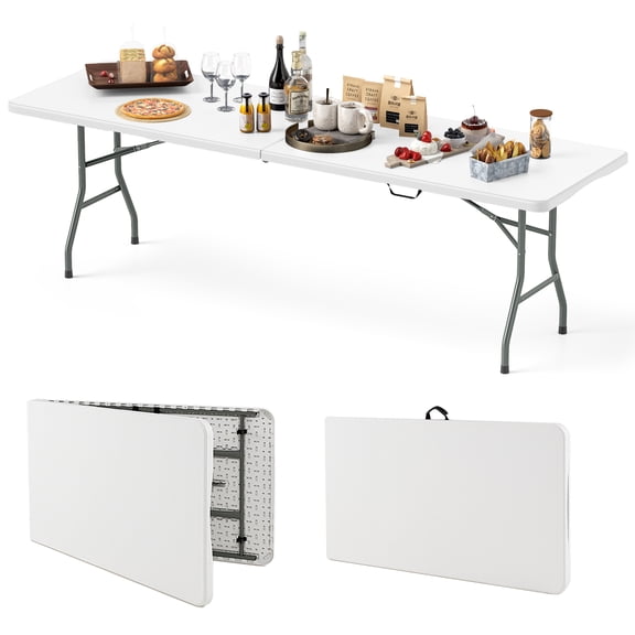 Biotree 8 ft Portable Folding Table 350 LBS Fold in Half Table with HDPE Tabletop, White