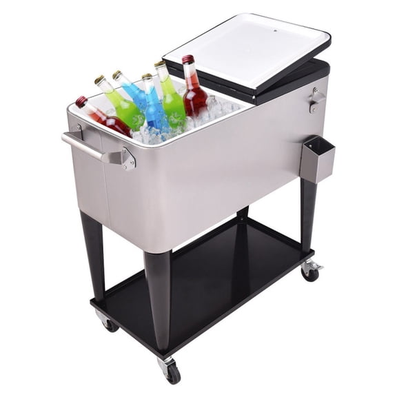 Biotree 80 Quart Patio Rolling Stainless Steel Ice Beverage Cooler with Shelf