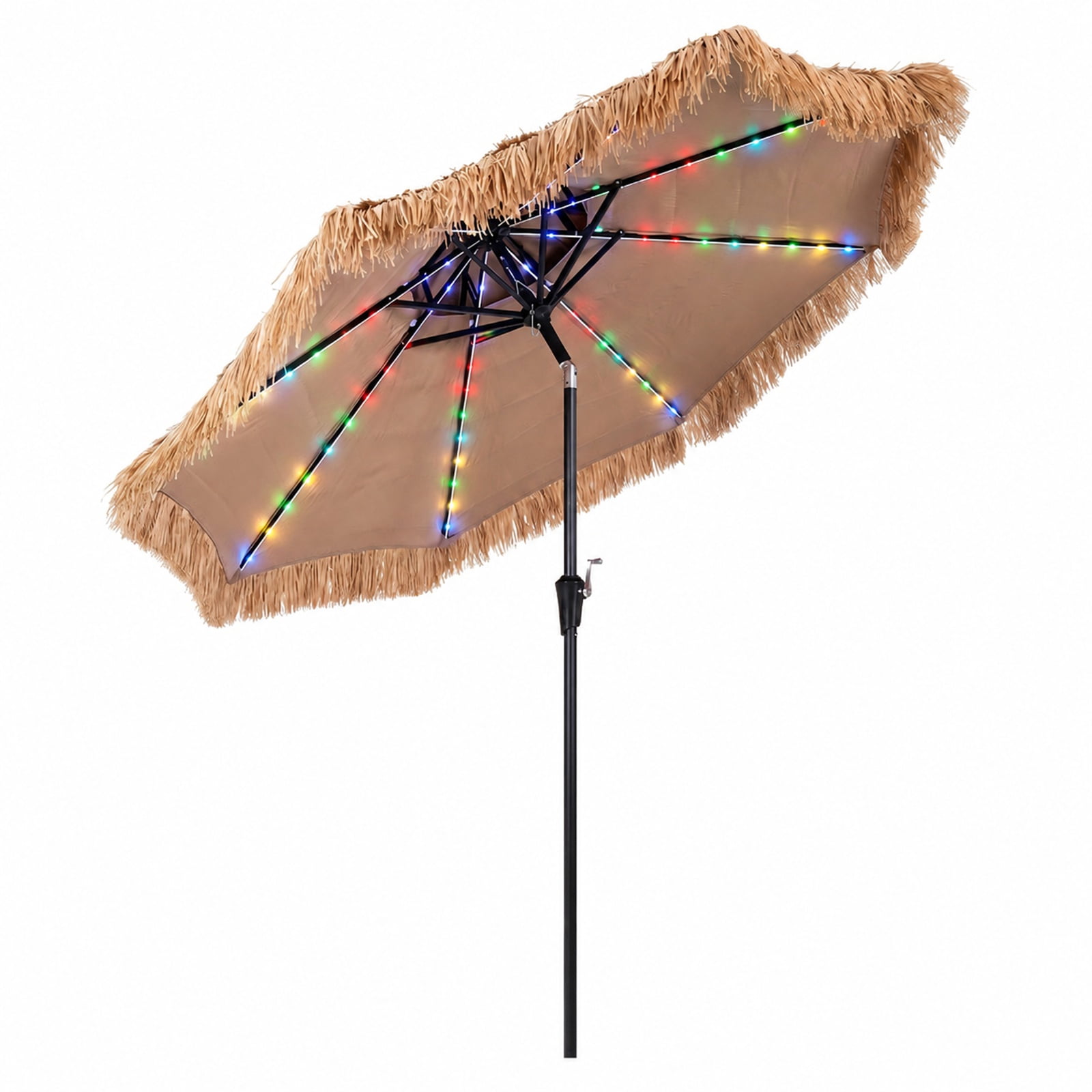 Biotree 9 FT Solar Thatched Tiki Umbrella Beige, Tropical Patio Umbrella with 96 Flowing RGB Lights 12 Modes Push Tilt for Beach Garden Bar