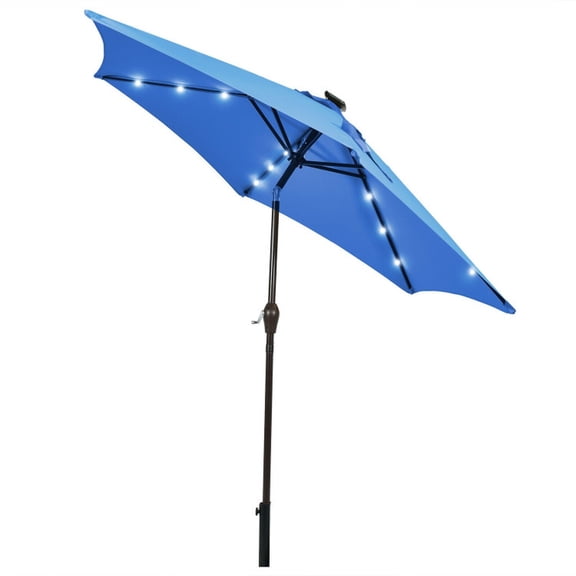 Biotree 9 ft Solar LED Market Patio Umbrella with Crank and Tilt, 6 Sturdy Ribs, Vented Canopy - Navy Blue