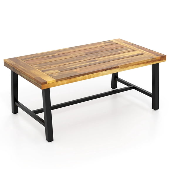 Biotree Outdoor Coffee Table Acacia Wood Patio Coffee Table with Thickened Top and Heavy-Duty Metal Legs for Deck Backyard, Black