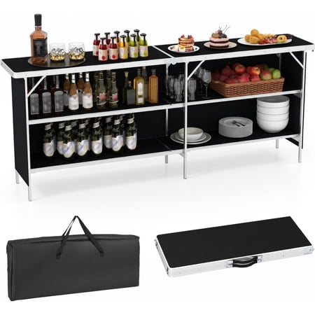 Biotree Aluminum Portable Picnic Table with 2-Tier Open Shelves and Spacious Tabletop Folding Camping Table for Outdoor, Black