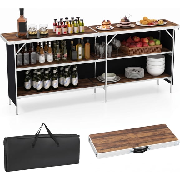 Biotree Aluminum Portable Picnic Table with 2-Tier Open Shelves and Spacious Tabletop Folding Camping Table for Outdoor, Brown