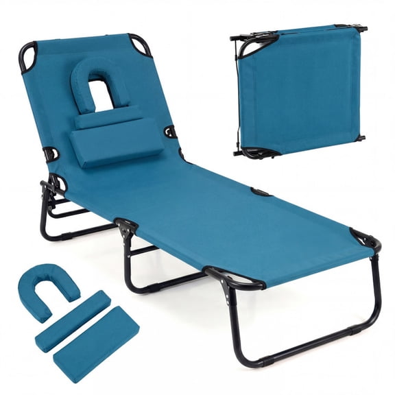 Biotree Beach Chaise Lounge Chair with Face Hole and Removable Pillow Stackable Patio Chair for Garden Backyard, Blue