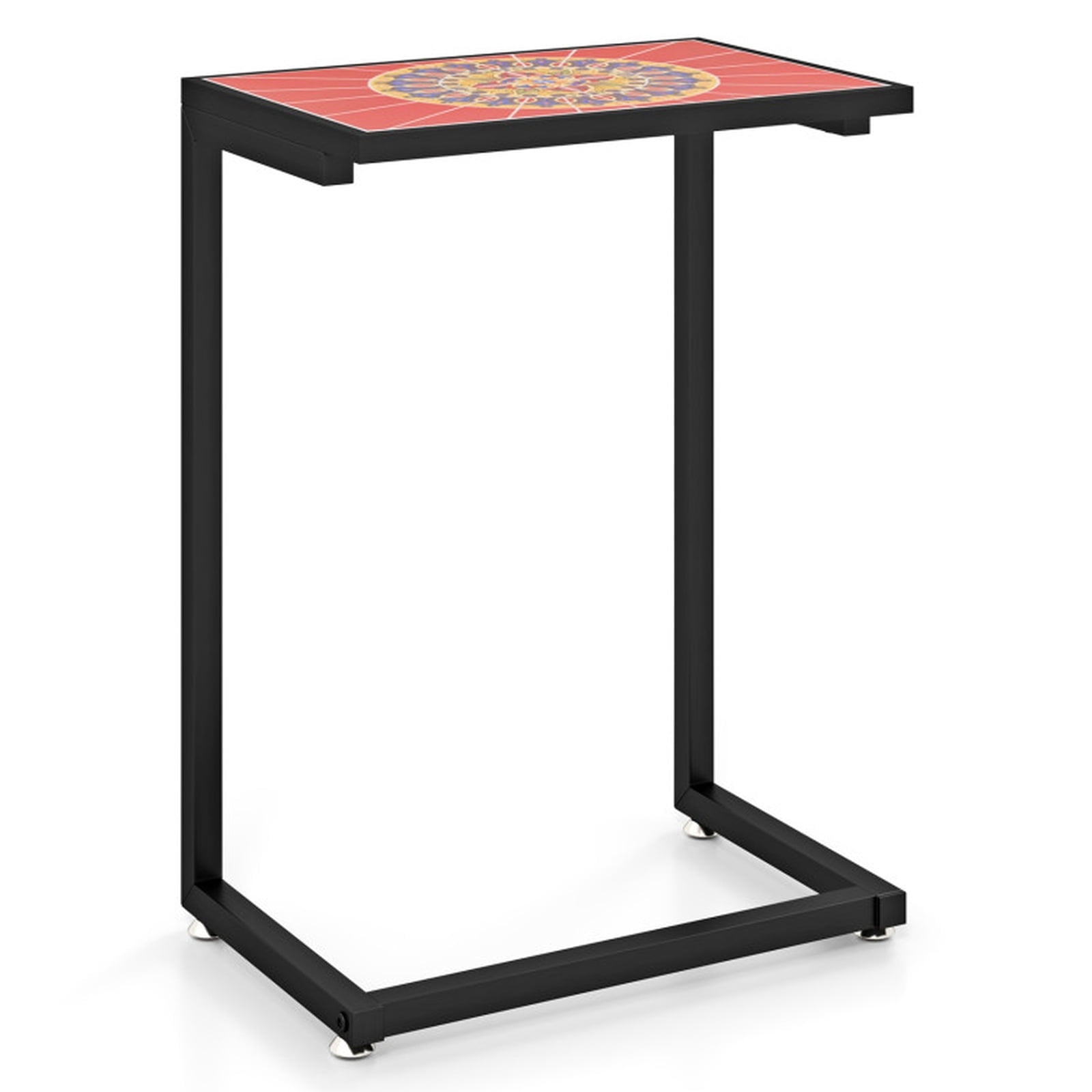 Biotree C-Shaped Outdoor Side Table with Waterproof Ceramic Top and Metal Frame for Patio Sofa and Backyard as a Slide-Under End Table, Colorful