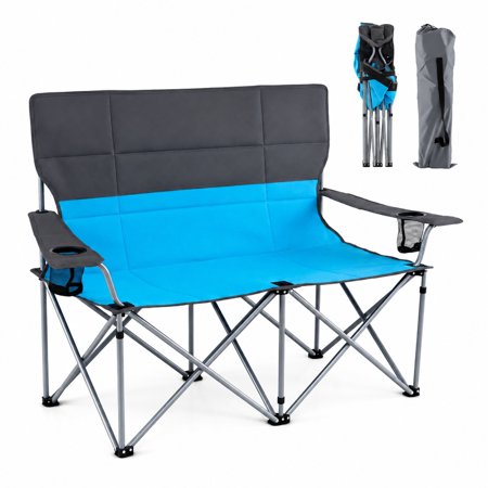 Biotree Double Camping Chair with Carry Bag Cup Holders, for Camping Fishing Hiking RV Travel, Supports 660 lbs, Blue