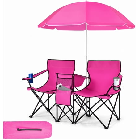 Biotree Double Camping Chair with Removable Umbrella Portable Folding Loveseat with Cooler Bag and Cup Holders for Beach Picnic, Pink