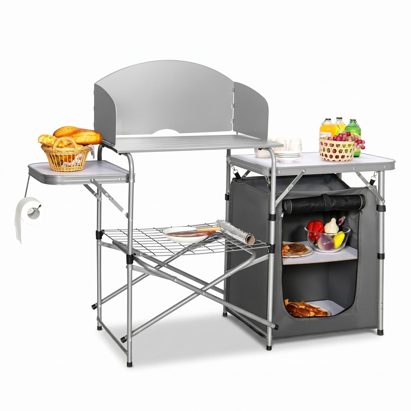 Biotree Foldable Outdoor BBQ Portable Grilling Table with Windscreen and Carry Bag Camping Grill Table for Cooking, Gray