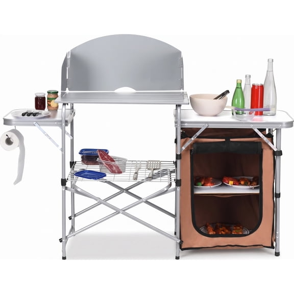 Biotree Foldable Outdoor BBQ Portable Grilling Table with Windscreen and Carry Bag Camping Grill Table for Cooking, Silver