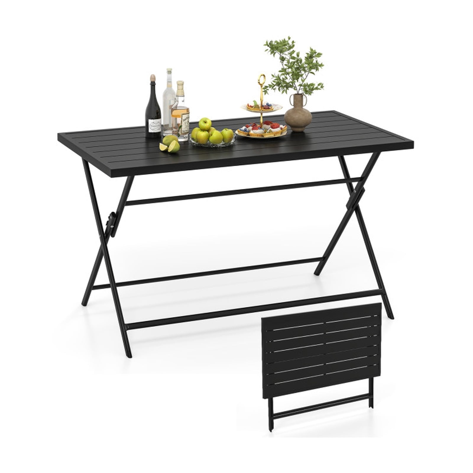 Biotree Foldable Outdoor Dining Table 48 by 30 Inch Rectangular Metal Patio Table with Slatted Tabletop for Backyard and Camping, Black