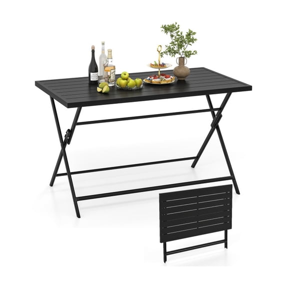 Biotree Foldable Outdoor Dining Table 48inch x 30inch Rectangular Metal Patio Table with Slatted Tabletop, Dark Brown