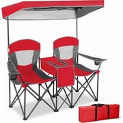 Biotree Folding Camping Chair with Sun Shade Canopy and Cup Holder 2-Person Portable Outdoor Double Chair for Beach Picnic, Red