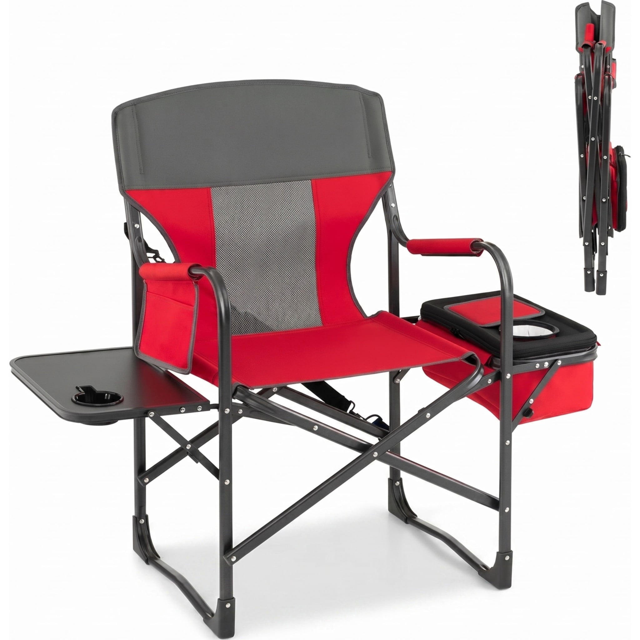 Biotree Folding Directors Camping Chair with Cooler Bag and Side Table Heavy Duty 400 lb Capacity Portable Outdoor Chair, Red
