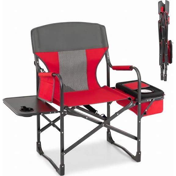 Biotree Folding Directors Camping Chair with Cooler Bag and Side Table Heavy Duty 400 lb Capacity Portable Outdoor Chair, Red