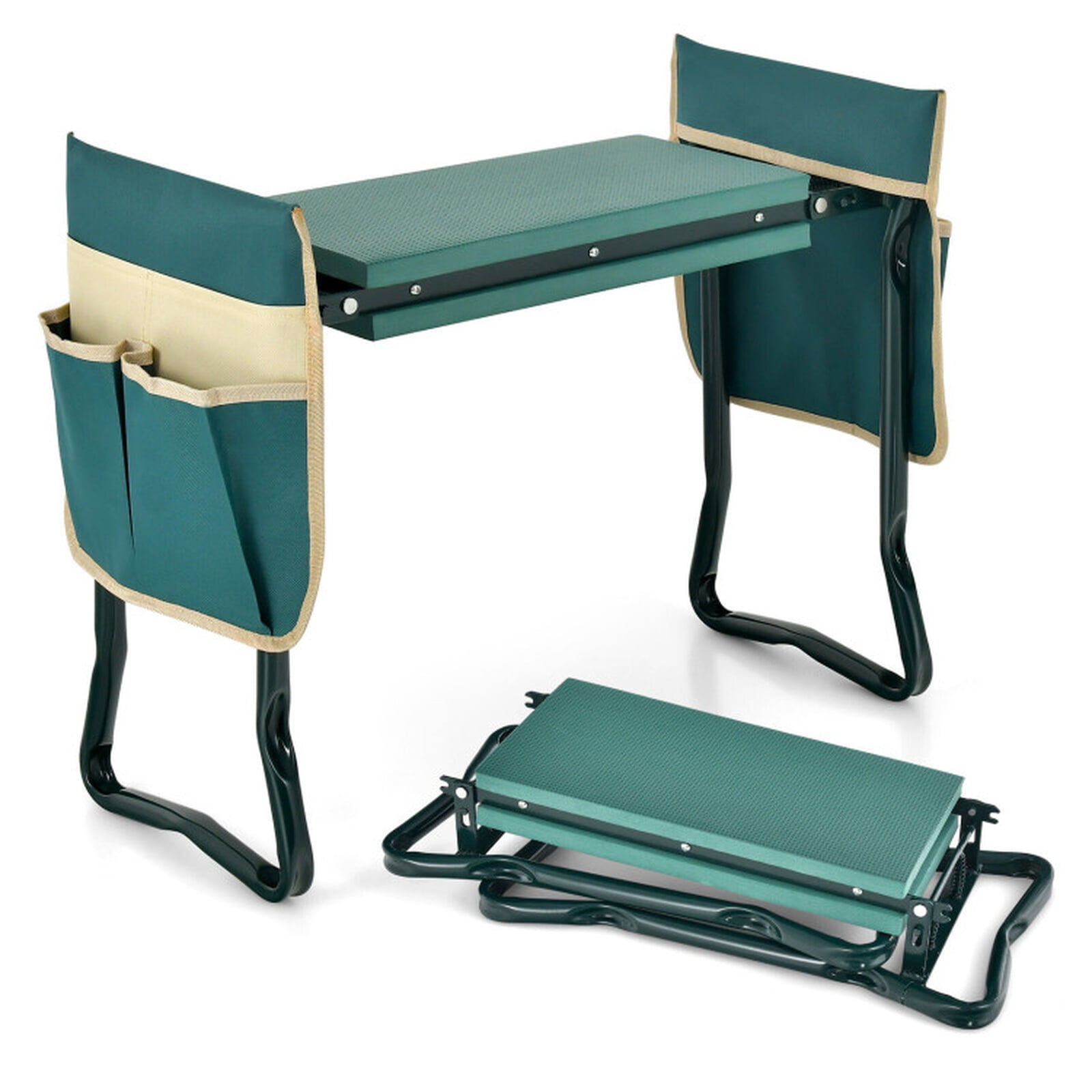 Biotree Folding Garden Kneeler and Seat Bench with EVA Foam Pad and Tool Pouches 330 lbs Capacity Steel Frame Green - Portable Outdoor Gardening Stool