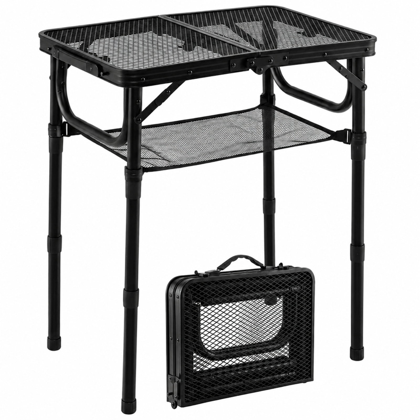 Biotree Folding Picnic Table 3-Height Adjustable, Portable Aluminum Camping Table with Storage Net, Handle and 90 lbs Capacity for BBQ, Black