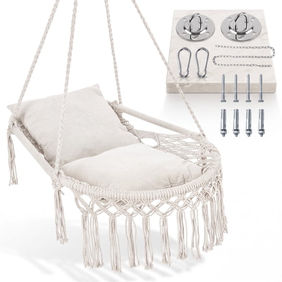 Biotree Macrame Swing Chair with 2 Removable Cushions and 2 Hanging Methods for Indoor Outdoor Bedroom Patio, Beige