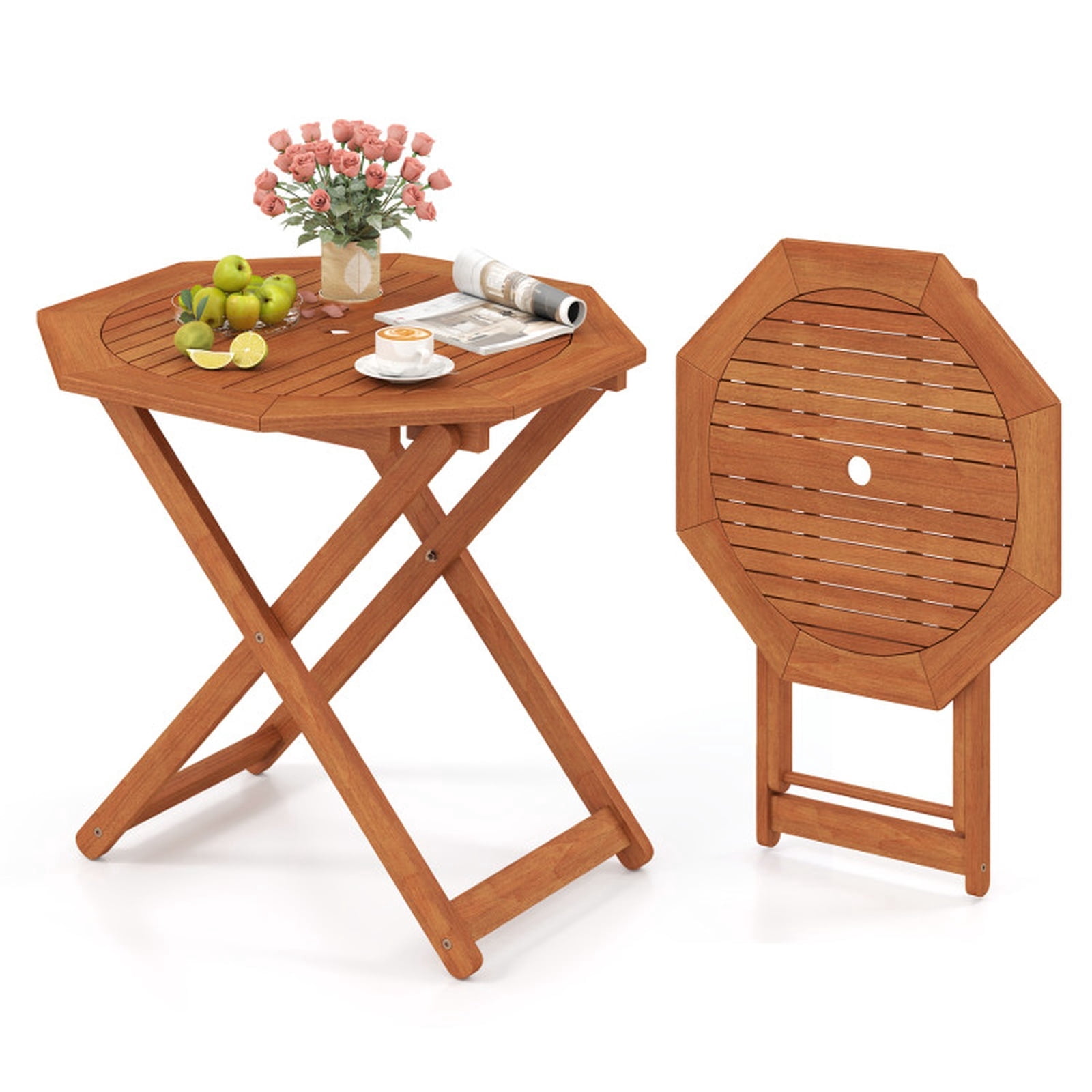 Biotree Octagon Folding Patio Table Outdoor Dining Table with 2 Inch Umbrella Hole for Garden Backyard, Brown