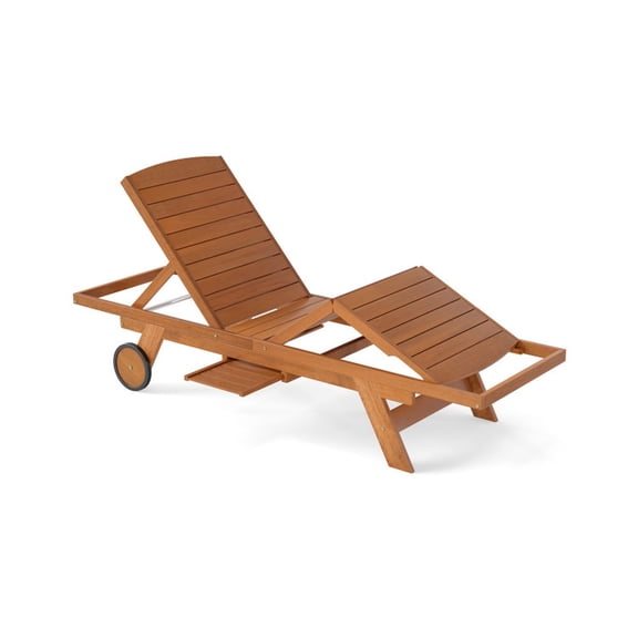 Biotree Outdoor Chaise Lounge Chair with Wheels 4-Position Patio Wood Recliner with Adjustable Backrest, Natural