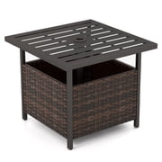 Biotree Outdoor Patio Rattan Wicker Steel Side Deck Table with Umbrella Hole for Garden Backyard Porch, Mix Brown