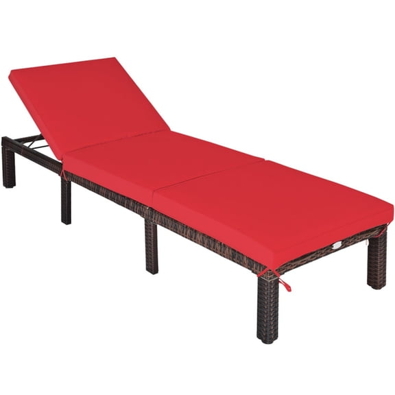 Biotree Outdoor Rattan Adjustable Cushioned Chaise Lounge Chair with 6 Reclining Positions for Poolside Patio Garden Backyard, Red