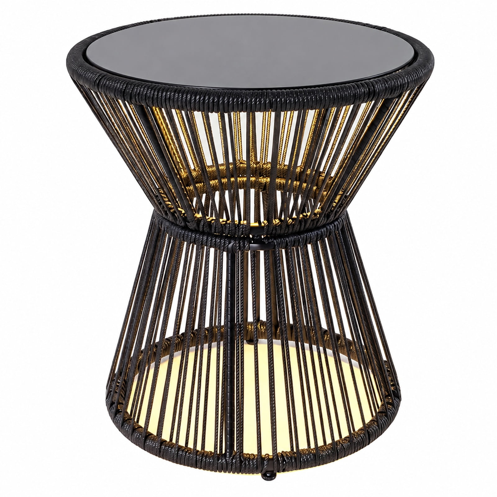 Biotree Outdoor Side Table with LED Warm Light, PE Rattan End Table with Tempered Glass Top and Battery Lamp for Patio Porch Balcony, Black
