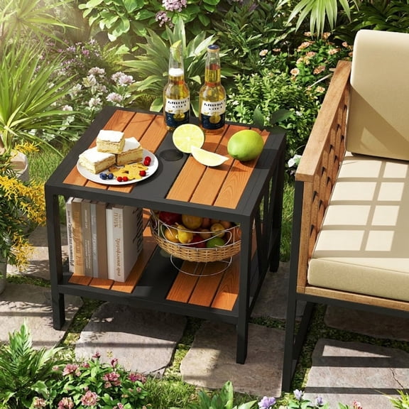 Biotree Outdoor Side Table with Umbrella Hole and Storage Shelf for Porch, Black