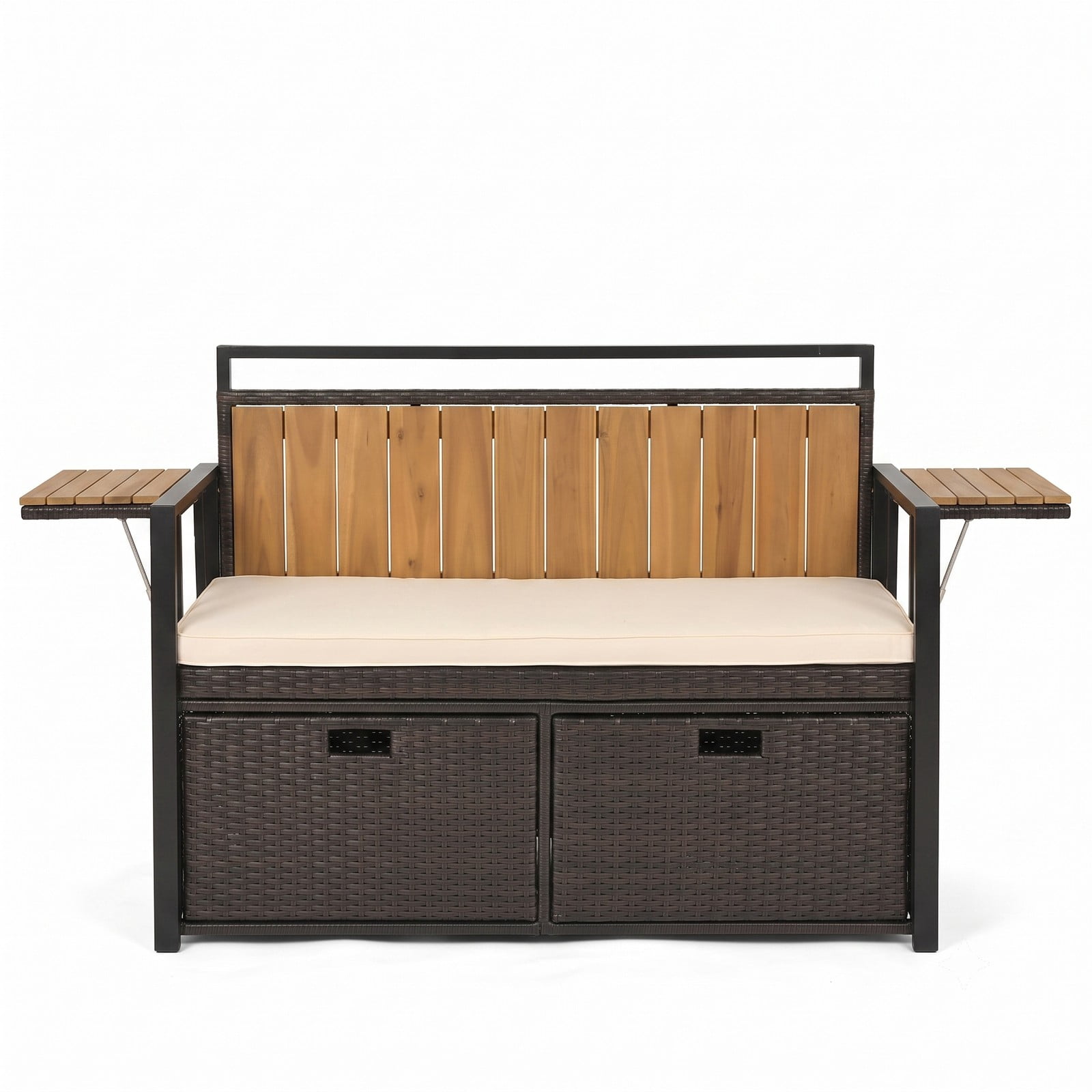 Biotree Outdoor Storage Bench with 2 Folding Side Tables, 2-Seater Patio Bench with Hidden Storage Cabinet, Padded Cushion, PE Rattan and Acacia Wood Deck, Brown