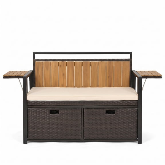 Biotree Outdoor Storage Bench with 2 Folding Side Tables, 2-Seater Patio Bench with Hidden Storage Cabinet, Padded Cushion, PE Rattan and Acacia Wood Deck, Brown