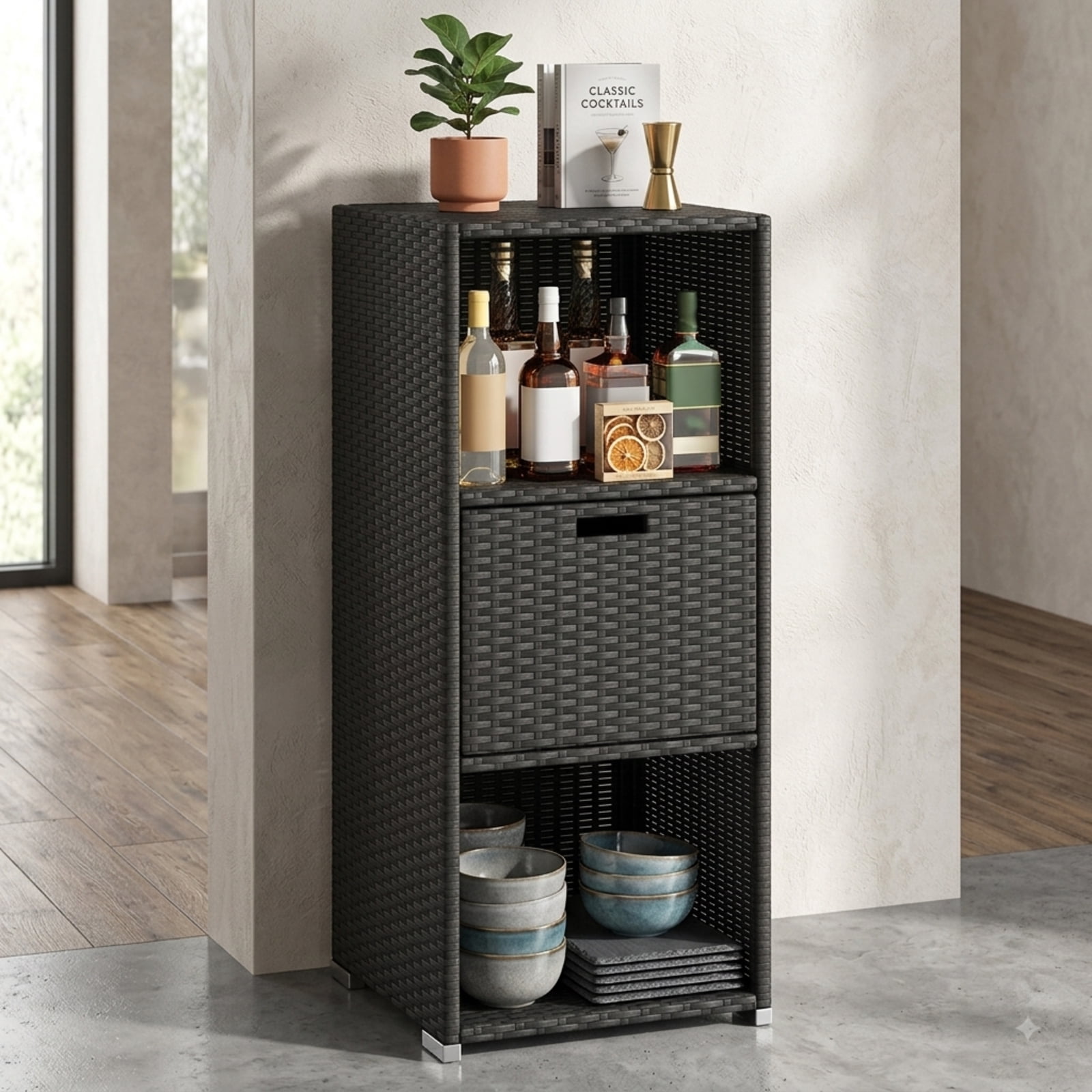 Biotree Outdoor Storage Cabinet with Drawer and 3 Shelves for Patio Porch Poolside Backyard, Mix Brown