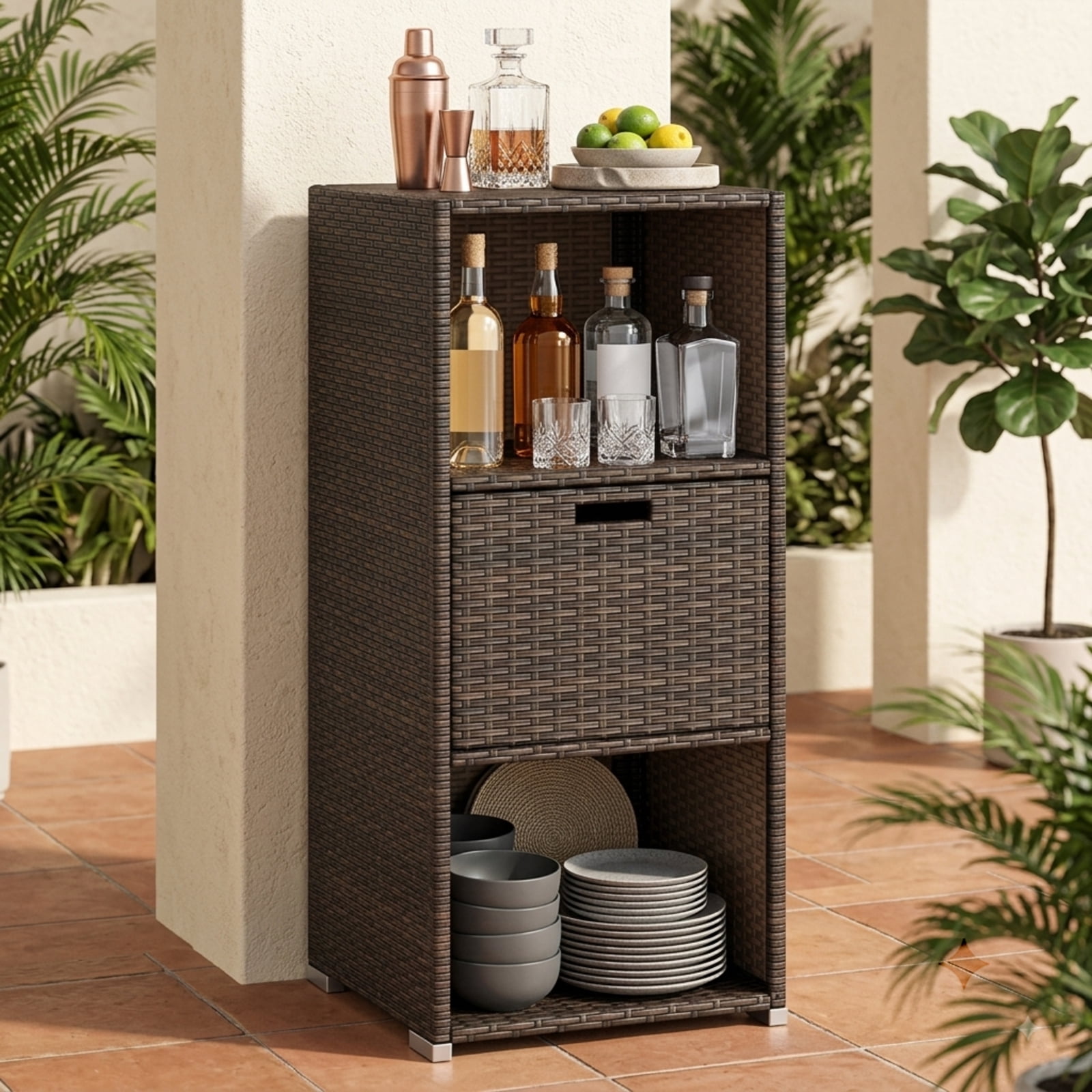 Biotree Outdoor Storage Cabinet with Drawer and 3 Shelves for Patio Porch Poolside Backyard, Brown