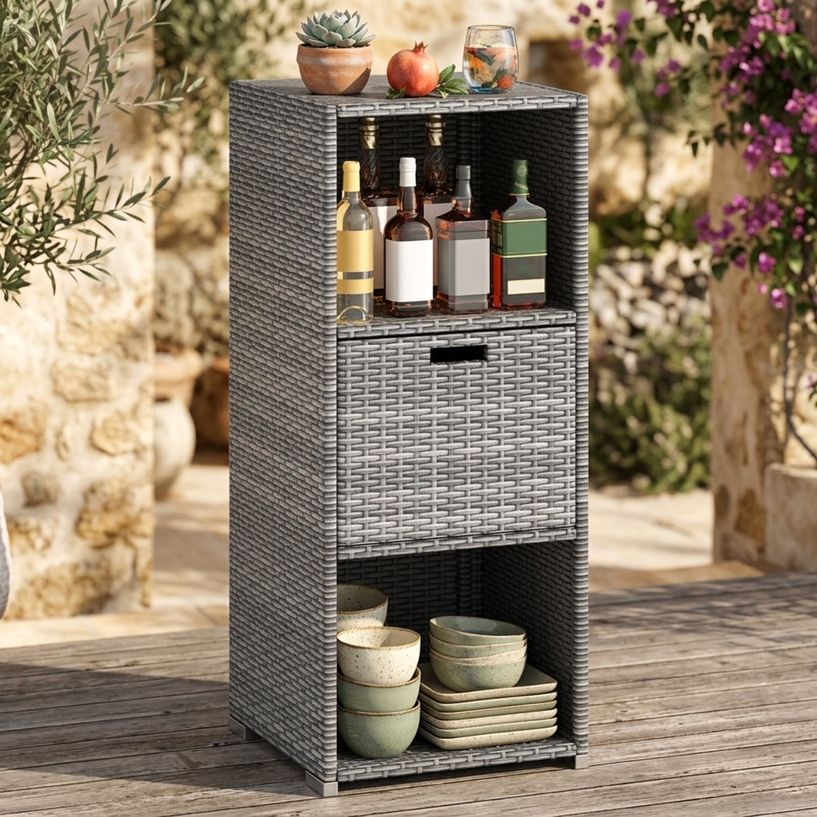 Biotree Outdoor Storage Cabinet with Drawer and 3 Shelves for Patio Porch Poolside Backyard, Mix Brown