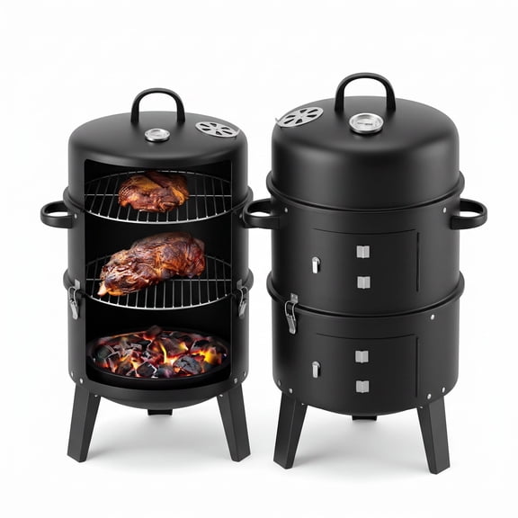 Biotree Outdoor Vertical Charcoal Grill with Lid, Smokeless BBQ Smoker, 360° Even Heating Wood Fired Grill, Charcoal BBQ Cooker for Backyard Patio Camping Cooking Black