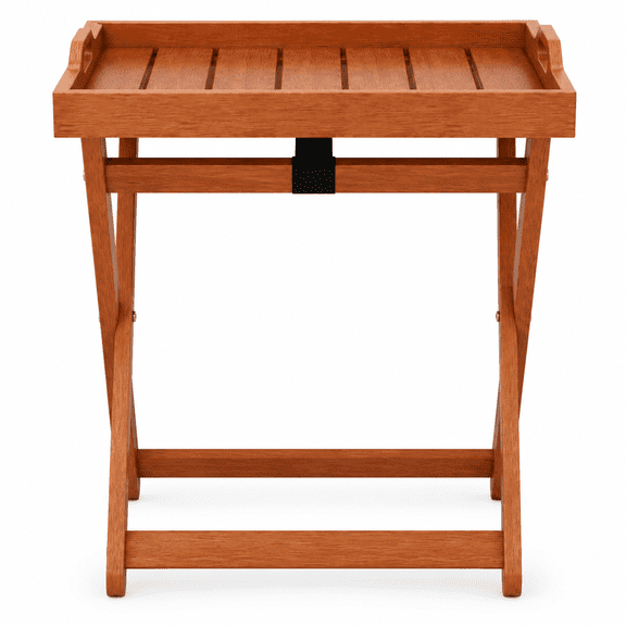 Biotree Outdoor Wood Tray Side Table, 16 x 21 x 27 Inch Removable Serving Tray Table with Folding X-Frame and Cutout Handles, Natural