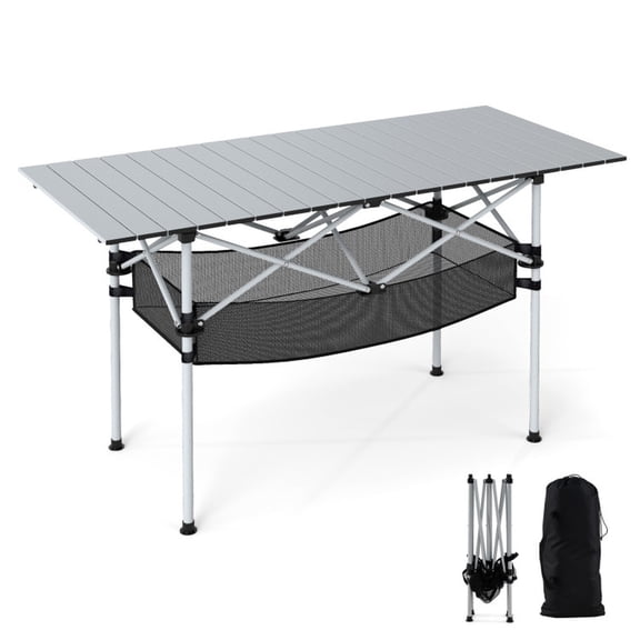 Biotree Patio Folding Camping Table with Roll up Tabletop and Mesh Basket, Silver