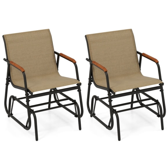 Biotree Patio Glider Chair Set of 2 with Curved Teak Armrests and Breathable Fabric Seat Stackable Patio Chair for Garden Backyard, Brown